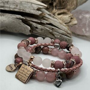 Rose Gold and Pink Bead & Leather Bracelet Set
